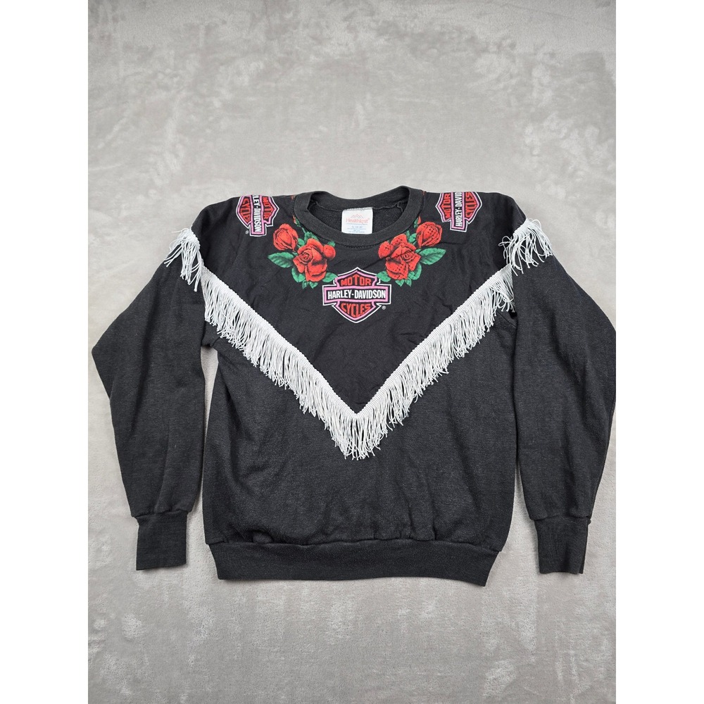 Vtg Harley-Davidson Sweatshirt Womens XL Fit L Rose Fringe USA Made 80s *Read
